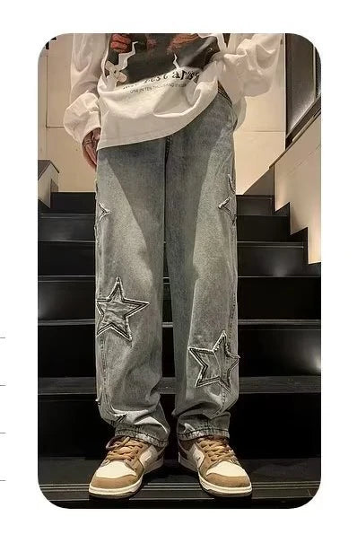 Pantalones vaqueros rectos informales con bordado de estrellas para hombre, estilo gótico, neutros, nuevos, holgados, de pierna ancha, estilo hip-hop, estilo urbano, pantalones vaqueros Y2K para hombre