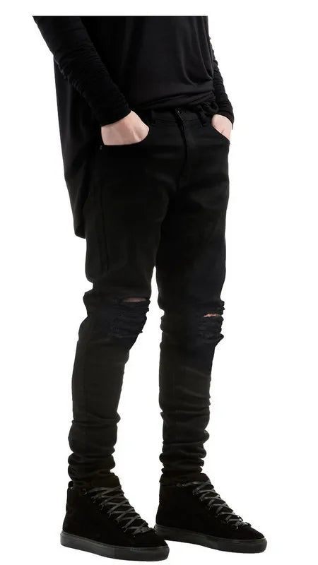 Denim Pencil Ankle Length Pants Men Jean Ripped Washed Zipper Fly Hole Jeans Skinny Solid Pockets High Street Distressed
