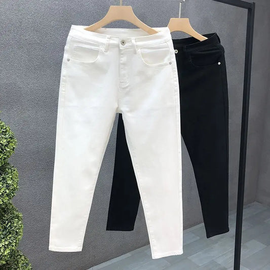 Fashion Luxury Designer Men's White Black Jeans Slim Fit Korean Style Stretch Denim Pants for Summer  Stretch  Skinny Jeans Male