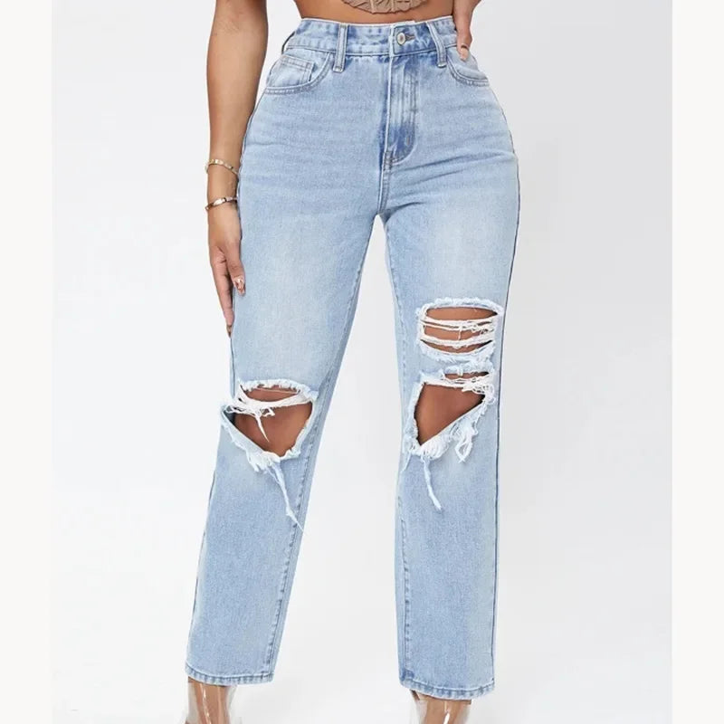 Mom Jeans Women Pant Long Pants Hollow Out Blue Elegant High Waist Pencil Elegant Wide Leg Streetwear Y2k Denim Trousers 2025