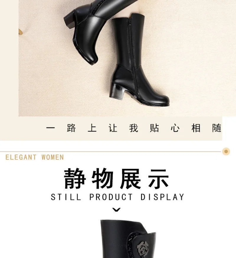 Winter Women's Boots Plush Warm Snow Boots Fashion Mid-calf High Heel Boots for Women High-quality Leather Boot Botas Mujer