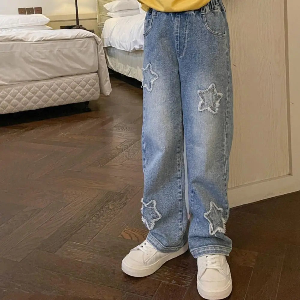 Embroidered Stars Teens Girl Jeans Loose Wide Leg Children Y2K Jeans High Waist Cowboy Pants Girls Denim Trousers Streetwear