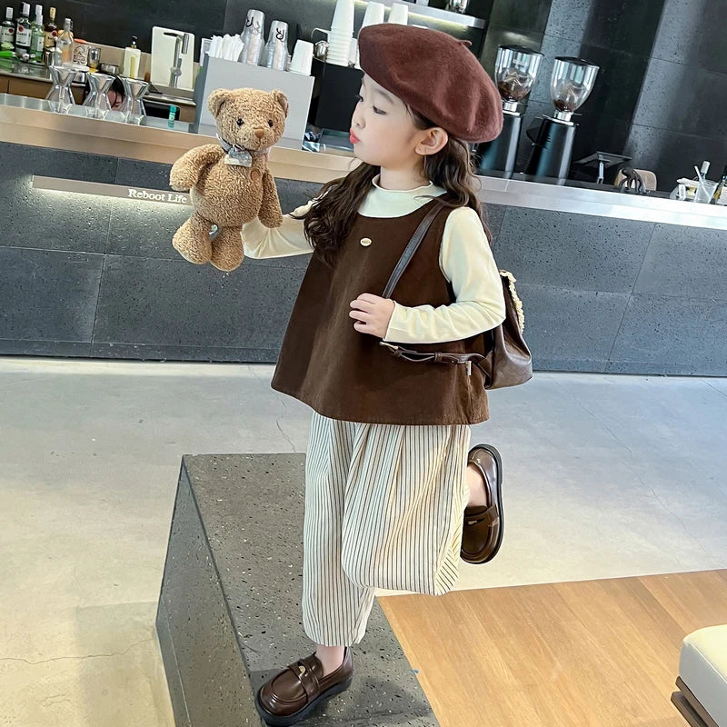 Girls Autumn Spring Clothing Set Fashion Children's Bow Tie Vest + Undershirt + Wide-Leg Pants Three-Piece Set 2025 New
