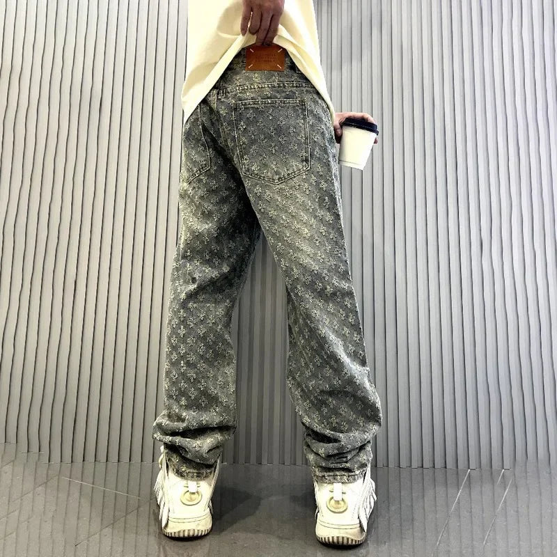 Pantalones vaqueros con estampado jacquard para hombre, rectos, holgados, desgastados y anchos.