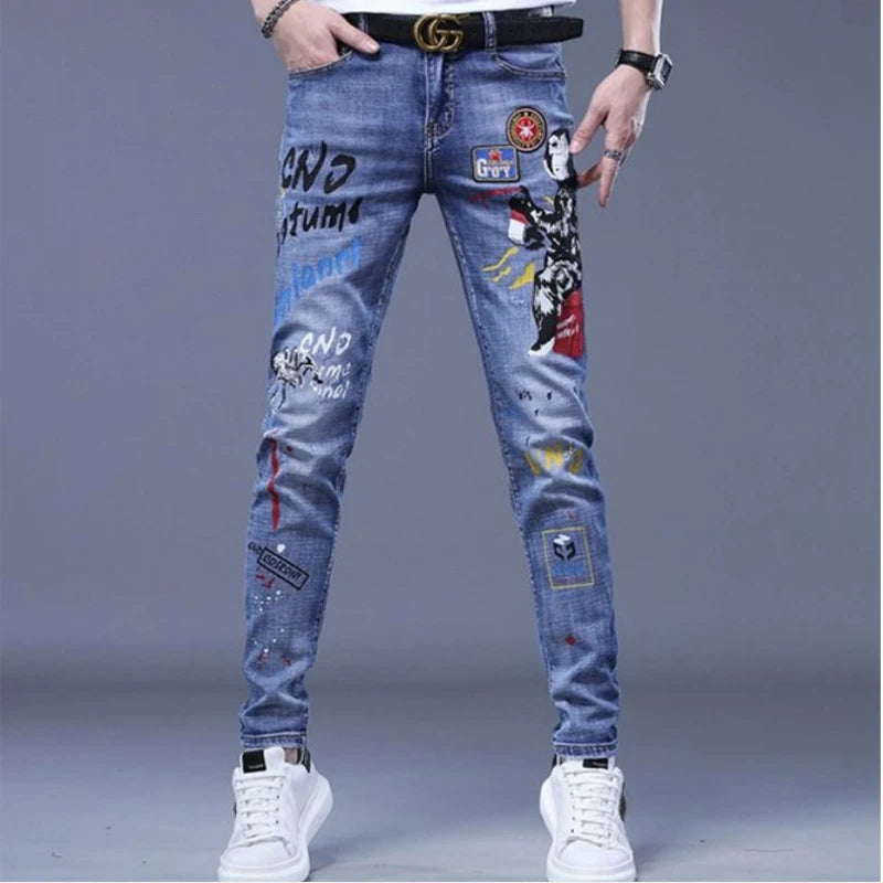 High End Stylish Classic Distinctive Printed Black Stretch Denim Jeans for Men High Quality Slim Fit Stretch Luxury Denim Pants