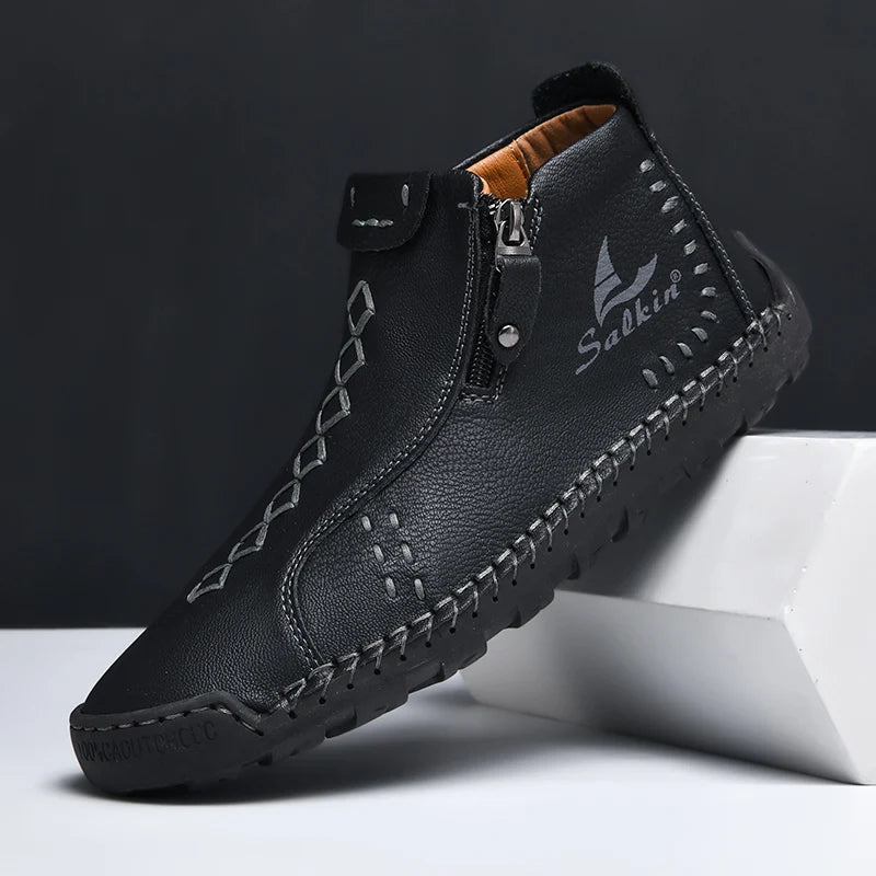 Nuevas botas de invierno hechas a mano en piel para hombre, con diseño de cremallera, transpirables, informales, de piel, botines para hombre, para exteriores