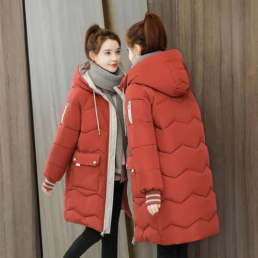 2025 New Women Long Down Cotton Jacket Korean Loose Cotton Coat Winter Thicken Warm Women Parkas Winter Female Hooded Coat