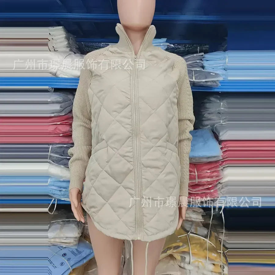 Women Autumn Winter Cardigan Zipper Long-sleeved Stand-up Collar Parka Jacket Coat Solid Color