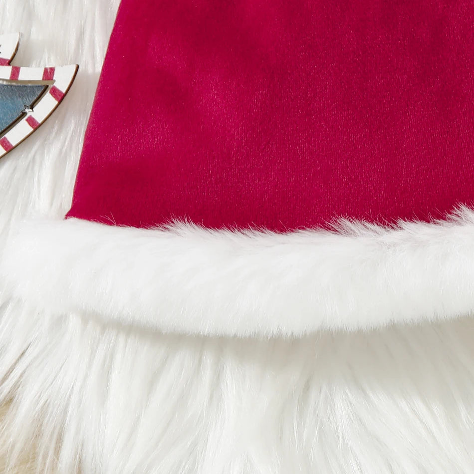 Children Christmas Party Dress Velvety with Fluffy Trim Hooded V-Neck Xmas Gown with Waist Bow Girl Red Christmas Dress