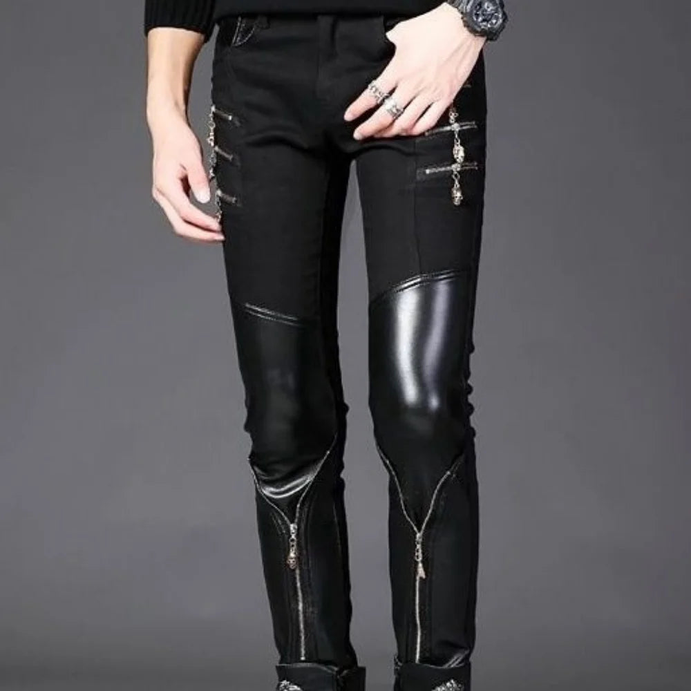 Luxury Men's Jeans Korean Style Slim Jeans for Men New Casual Black with PU Leather Splice and Zipper Desinger Nightclub Pants