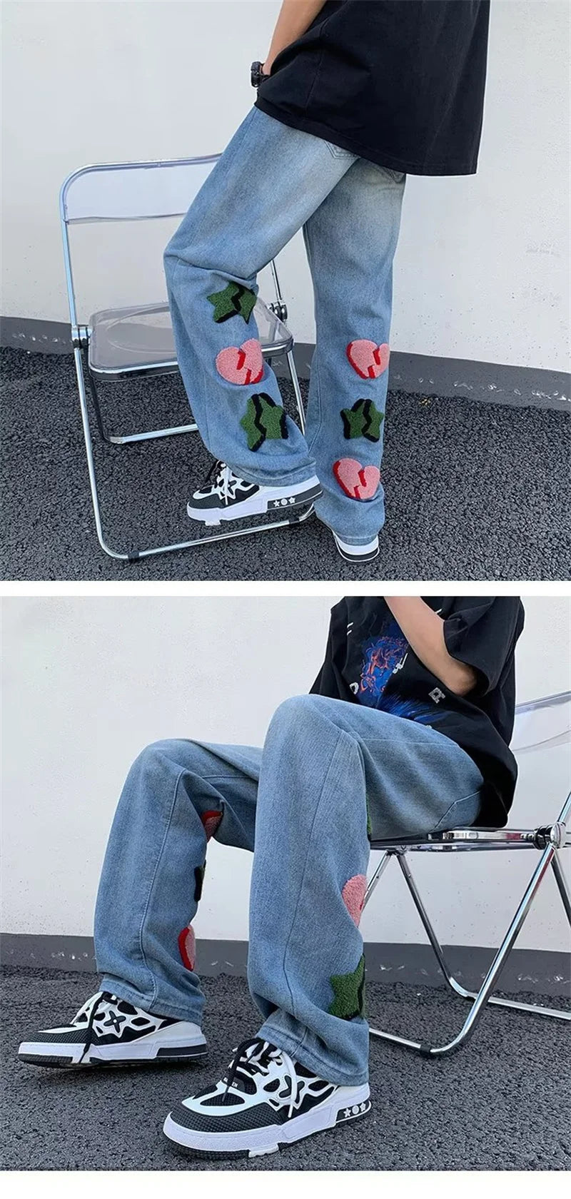 2025 New Goth Graffiti Embroidered Jeans Men High Street Harajuku Fashion Denim Trousers Hip Hop Y2K Vintage Jean pantalones