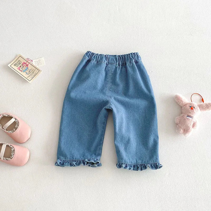 Pantalones vaqueros de estilo coreano para niñas de 0 a 5 años, con dobladillo con volantes y cintura elástica, primavera 2025