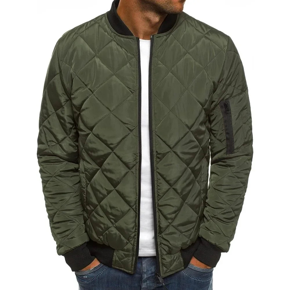 Men's Solid Color Diamond Check Seaming Thickened Standing Collar Cotton-padded Jacket, Winter New Casual Warm Zipper Jacket