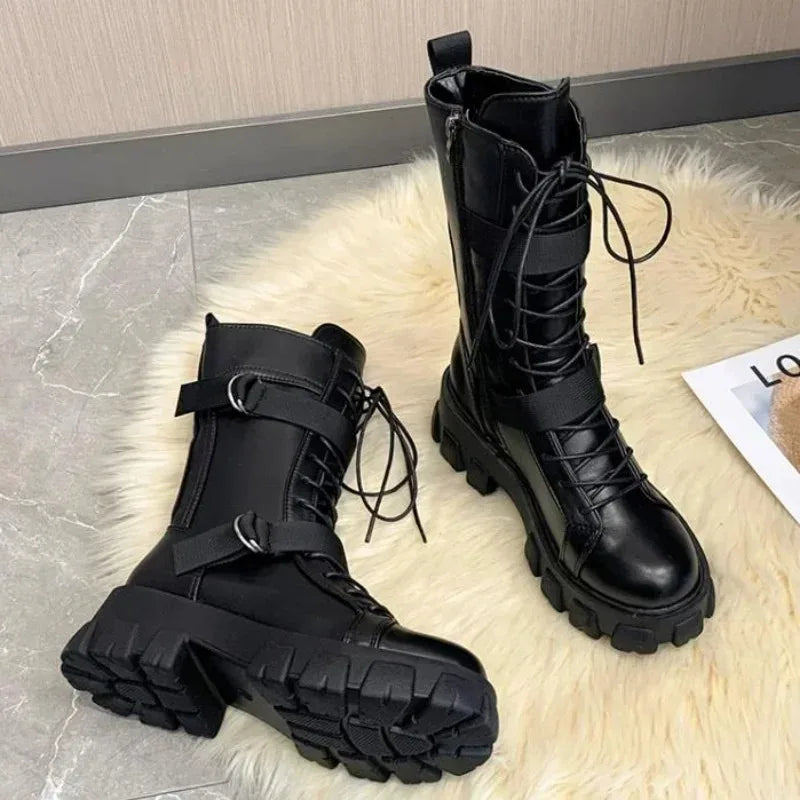 Women's Mid-Calf Boots High Quality Casual Leather Boots Fashion Motorcycle Booties Designer Belt Buckle Knight Boots for Women