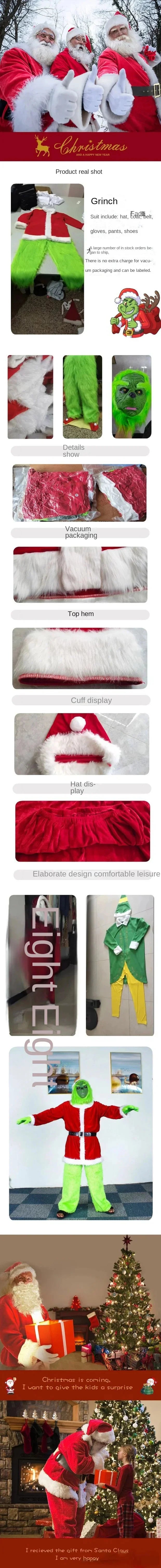 Disfraz de Papá Noel de primera calidad, conjunto de disfraces navideños, ropa de cosplay, Papá Noel friki, pelo verde, Grinch friki, ropa para actuaciones