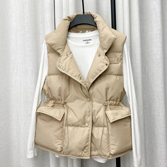 Parkas Women Vest Coats Thick Warm Sleeveless Turn Down Collar Drawstring Tight Waist Coat Single Breasted Autumn Winter