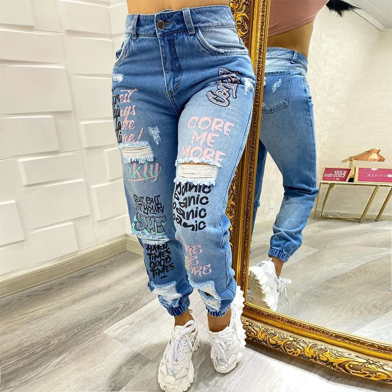 Pantalones vaqueros de mujer hasta los tobillos con estampado, agujeros, lápiz, bolsillos, lavados, ajustados, básicos, cierre de cremallera, primavera, planos, ligeramente elásticos.