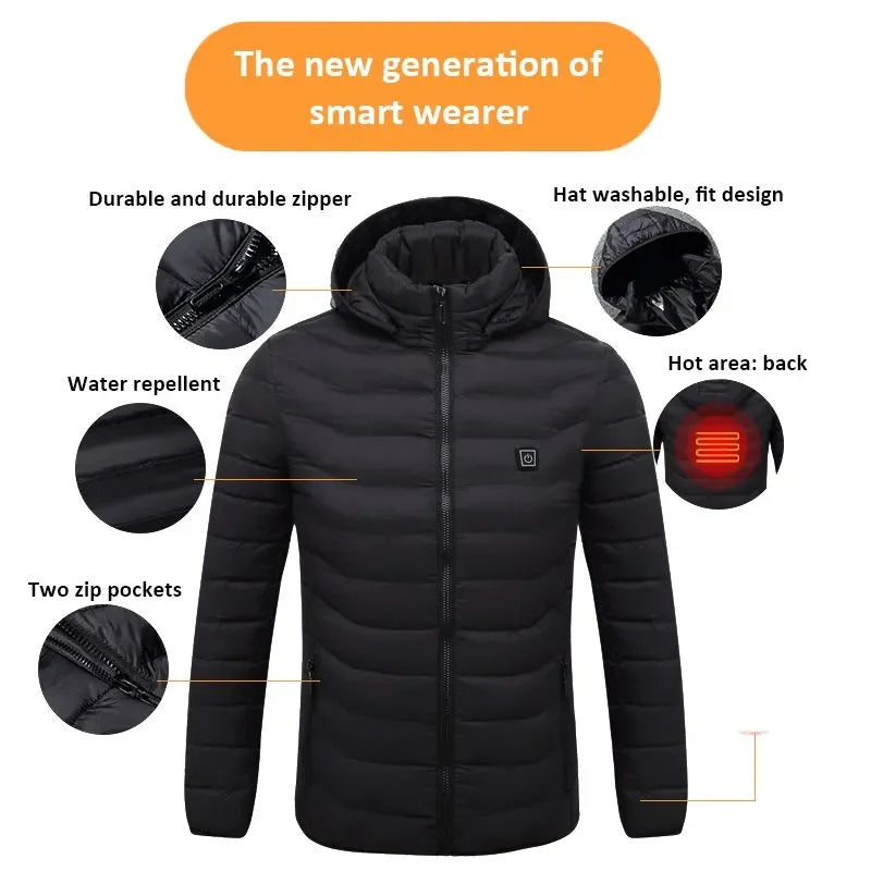 2023 NWE Men Winter Warm USB Heating Jackets Smart Thermostat Pure Color Hooded Heated Clothing Waterproof  Warm Jackets
