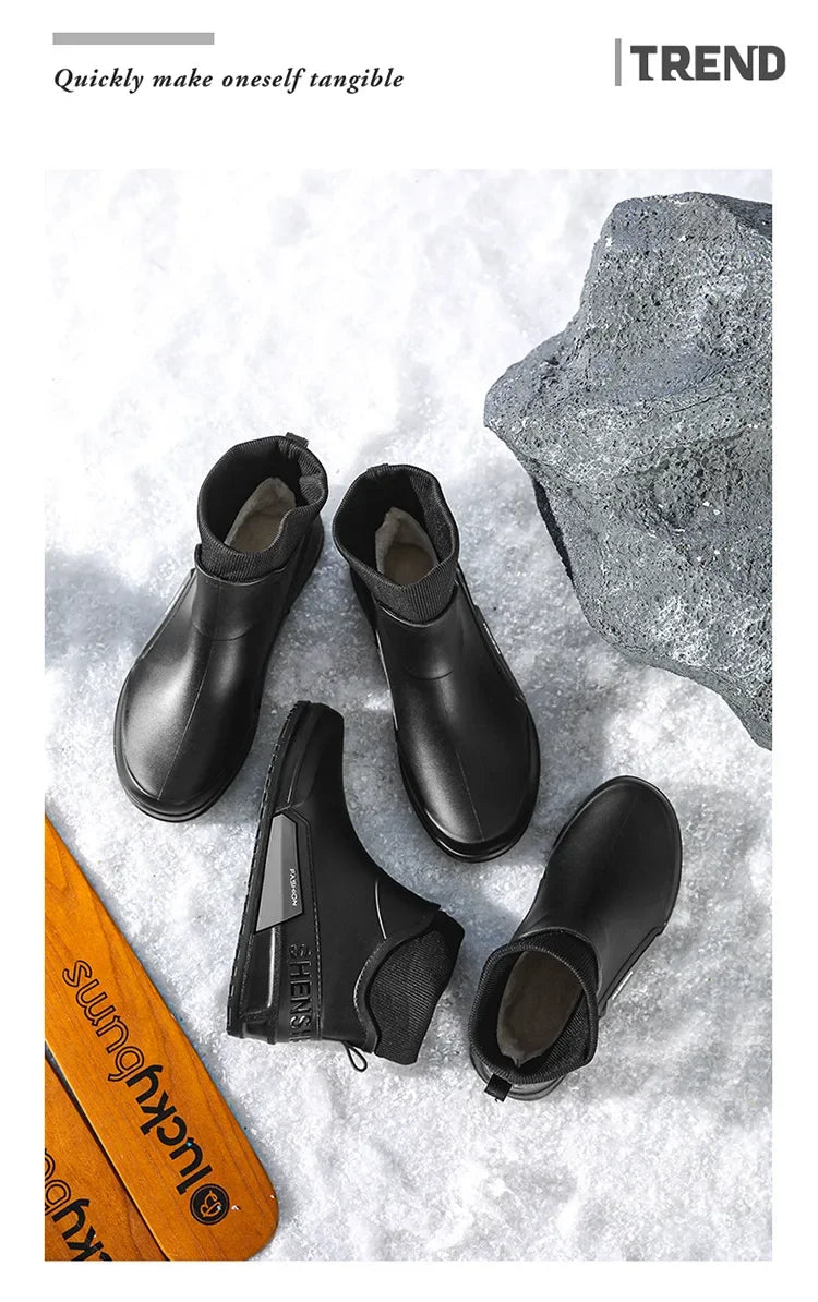 Waterproof Ankle Rain Boots for Men Chef Kitchen Fleece-lined Man Shoes Work Fashion Rainy Day Non-slip Garden Fishing Wellies