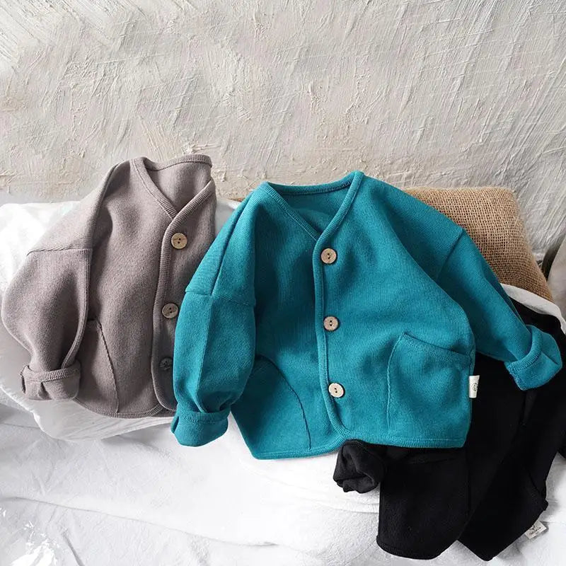 Korean 0-7Yrs Children's Loose Solid Color Long Sleeved Cardigan Autumn Style Pure Cotton Casual Top Jacket for Boys and Girls