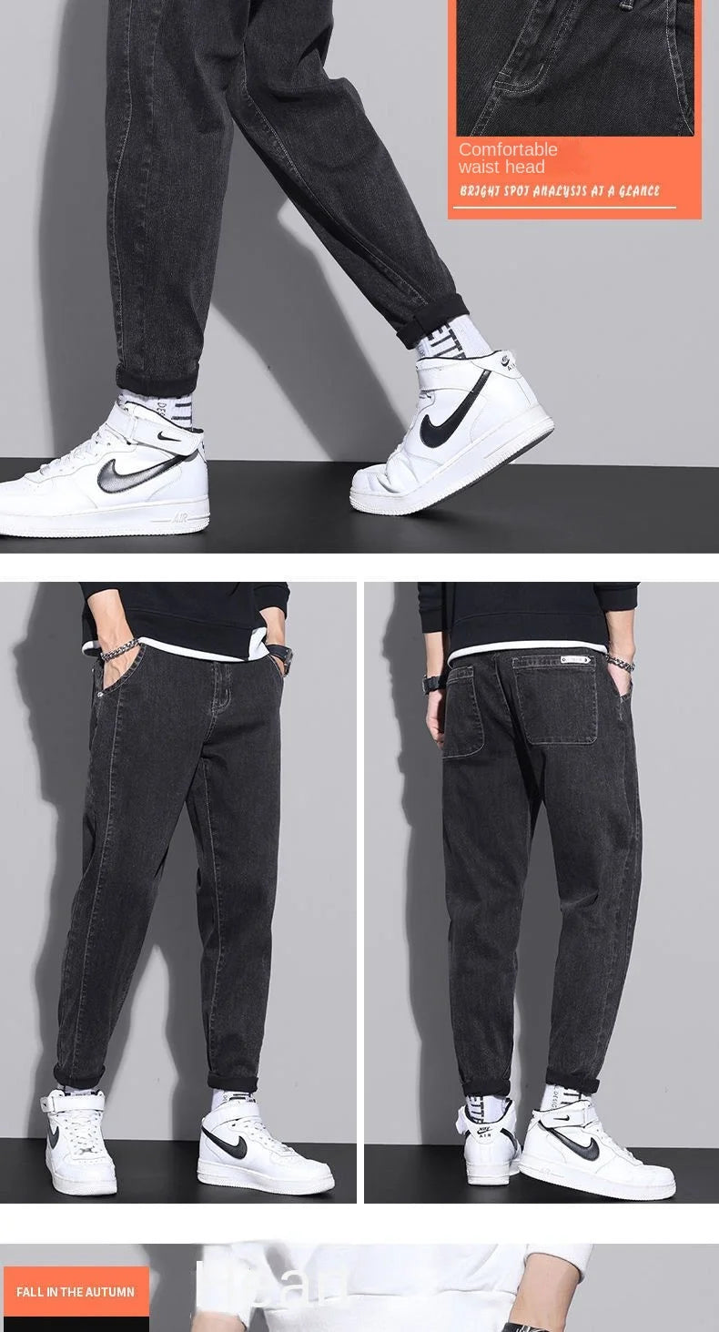2024 New Arrival Drawstring Gym Clothing Men's Loose Cowboy Leg Jeans Spring Autumn Denim Casual Harem Pants Youth Trendy Jeans