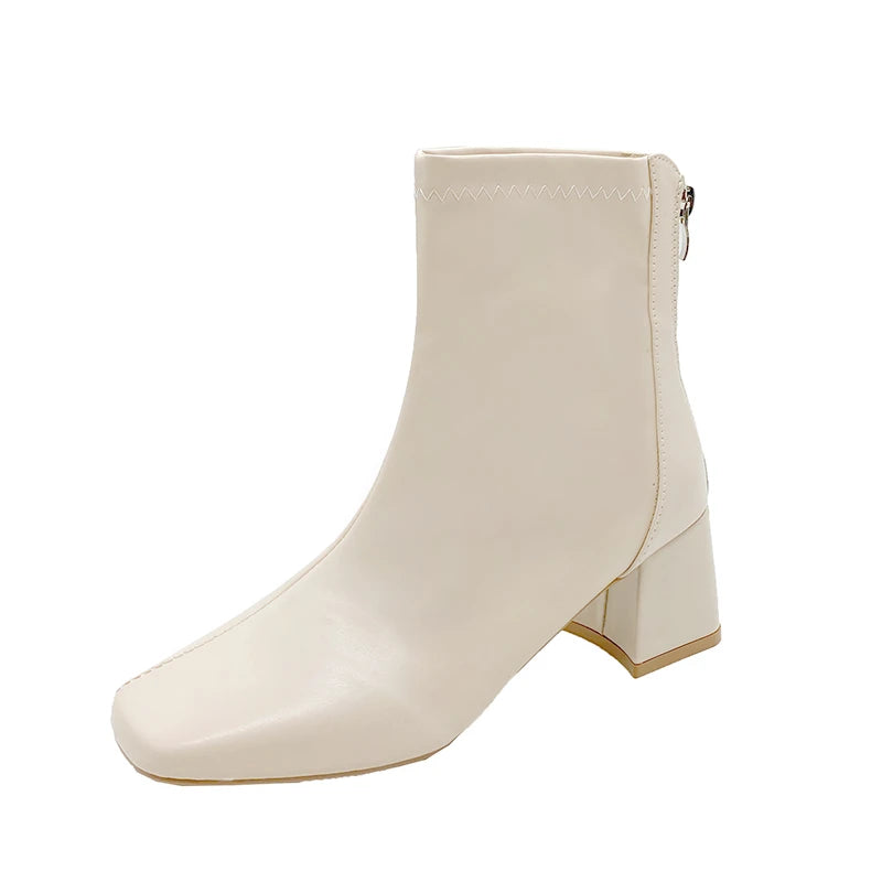 Casual Women's Thick Heel Medium Heel Boots Women's New Winter Square Toe Back Zipper Heightening Short Boots