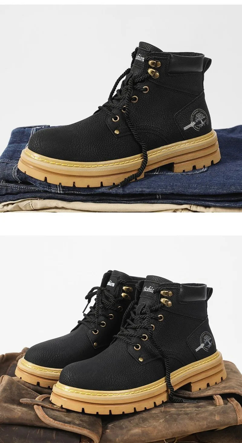 Botines de verano para hombre, cómodos botines de plataforma de cuero, botas de trabajo antideslizantes para hombre, botas altas de motociclista