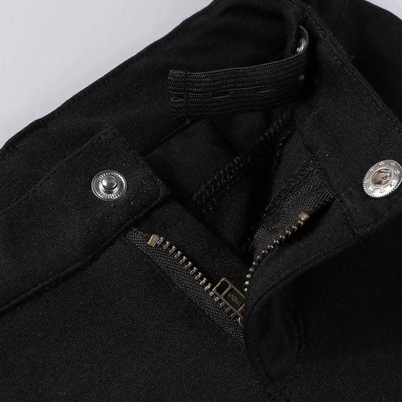 Pantalones largos negros para niños, para todas las estaciones, con cintura elástica alta, a la moda, ropa de verano para niños, con cremallera frontal y abertura.