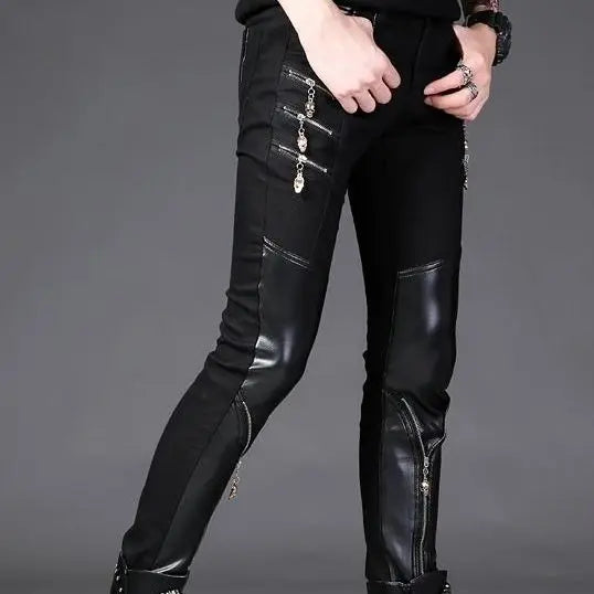 Luxury Men's Jeans Korean Style Slim Jeans for Men New Casual Black with PU Leather Splice and Zipper Desinger Nightclub Pants