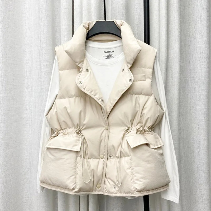 Parkas Women Vest Coats Thick Warm Sleeveless Turn Down Collar Drawstring Tight Waist Coat Single Breasted Autumn Winter
