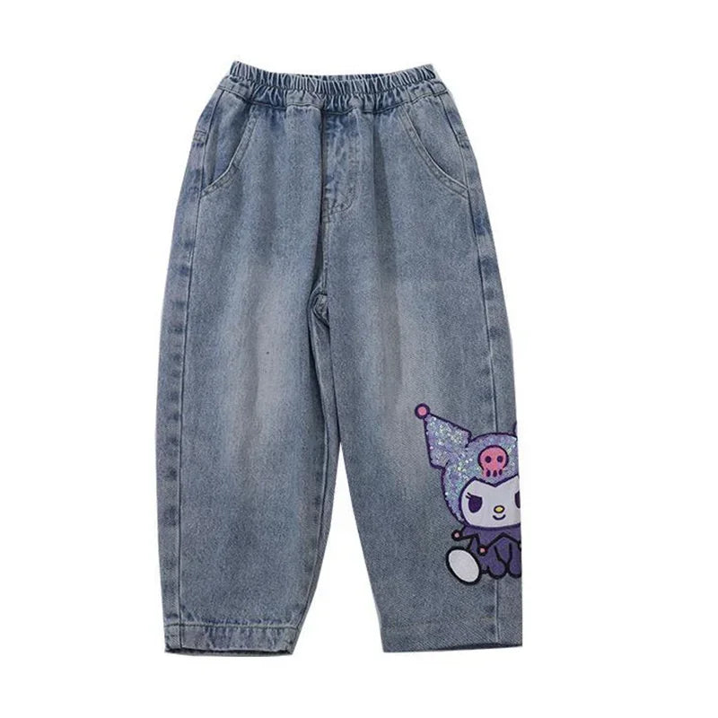 2024 New Sanrio Kuromi Kids Jeans Cute Cartoon Retro Loose Fashion Elastic Waist Children Versatile Jeans Toys for Girl Gifts