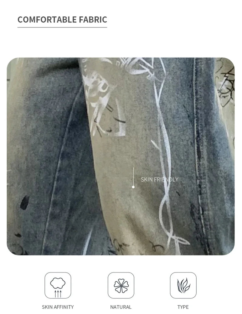New Graffiti Printed Baggy Jeans For Men Y2K Vintage Distressed Blue Harajuku Denim Pants High Street Straight-leg Jean Trousers