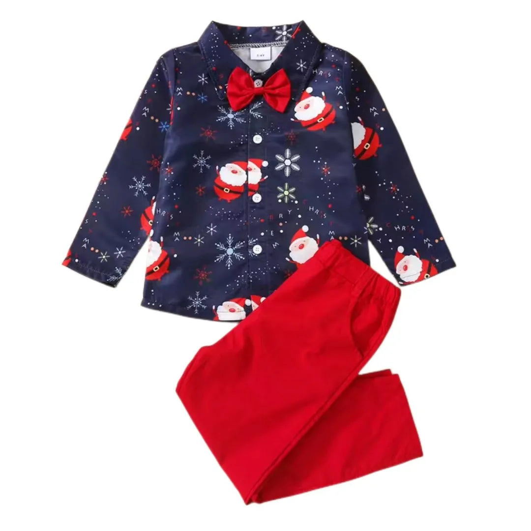 Ceeniu 1-5Y New Year Costume For Boy Christmas Outfit Santa Deer Printed Necktie Shirts and Red Pants Children Christmas Clothes