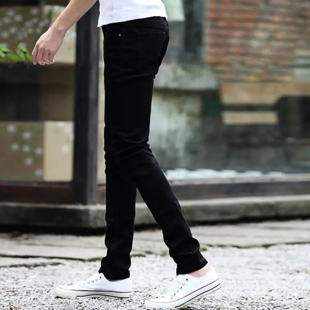 Men Jeans Stretch Skinny Denim Pants Solid Color Black Blue Autumn Summer Luxury Street Harajuku Hip-Hop Style Slim Fit Trousers