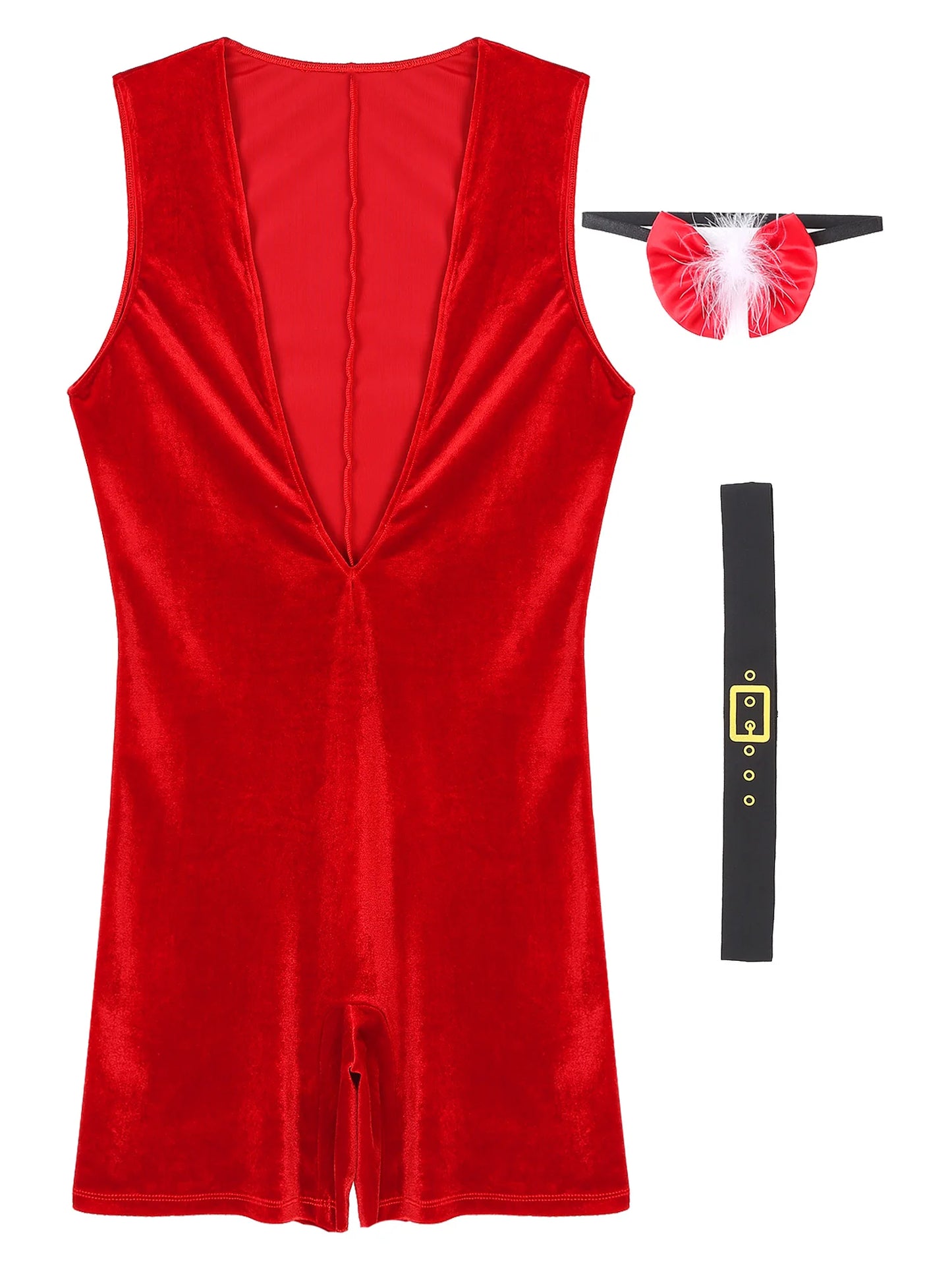 Mono de terciopelo suave sin mangas con escote en V profundo, sin mangas, con cinturón y pajarita con ribete de plumas, ideal para fiestas navideñas masculinas.