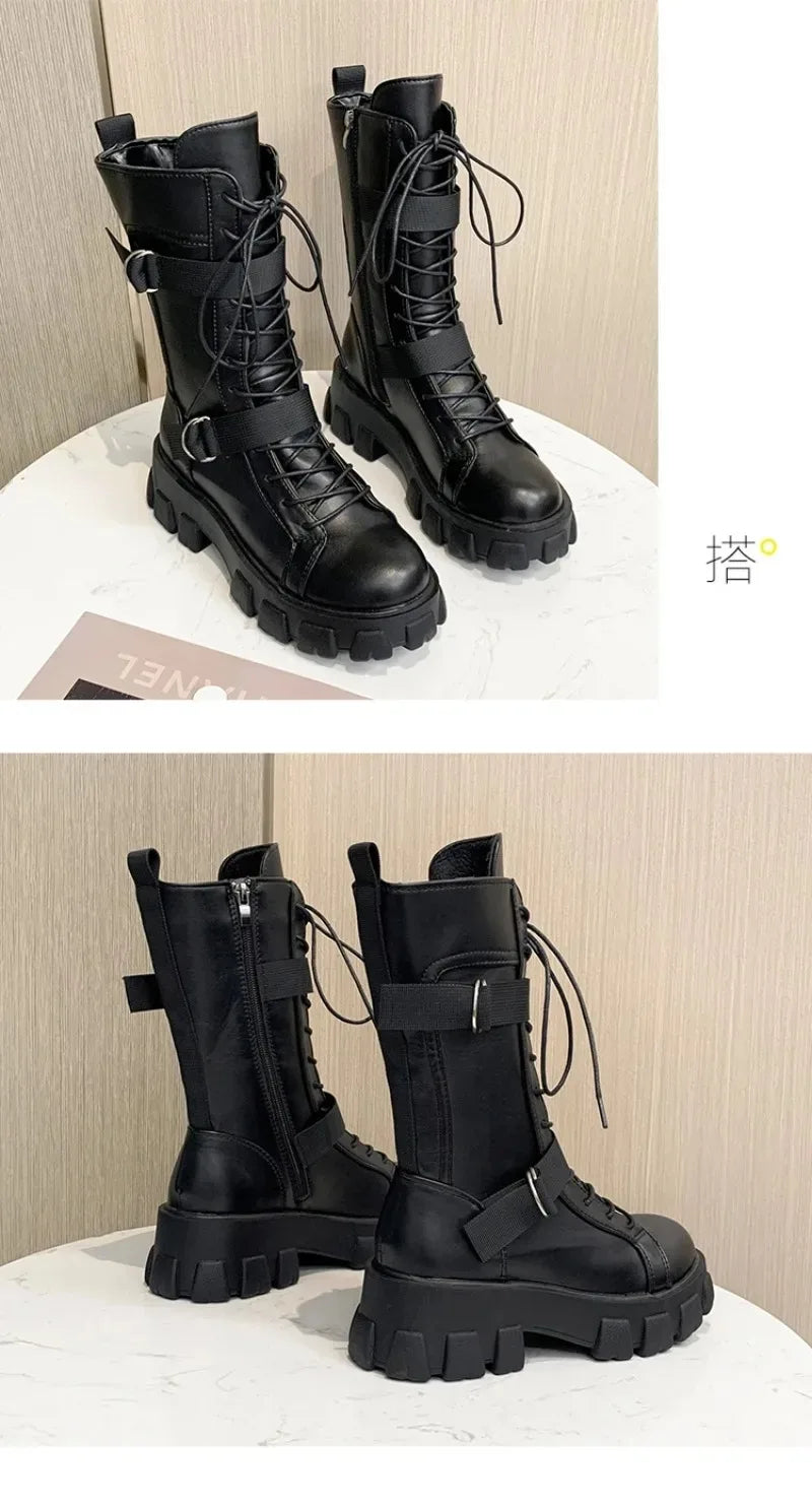 Women's Mid-Calf Boots High Quality Casual Leather Boots Fashion Motorcycle Booties Designer Belt Buckle Knight Boots for Women