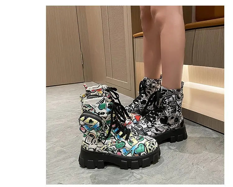 Thick-soled Women's Ankle Boots Fashion Printed Women Shoes High Quality Non-slip Motorcycle Boots New Gothic Style Women Boots