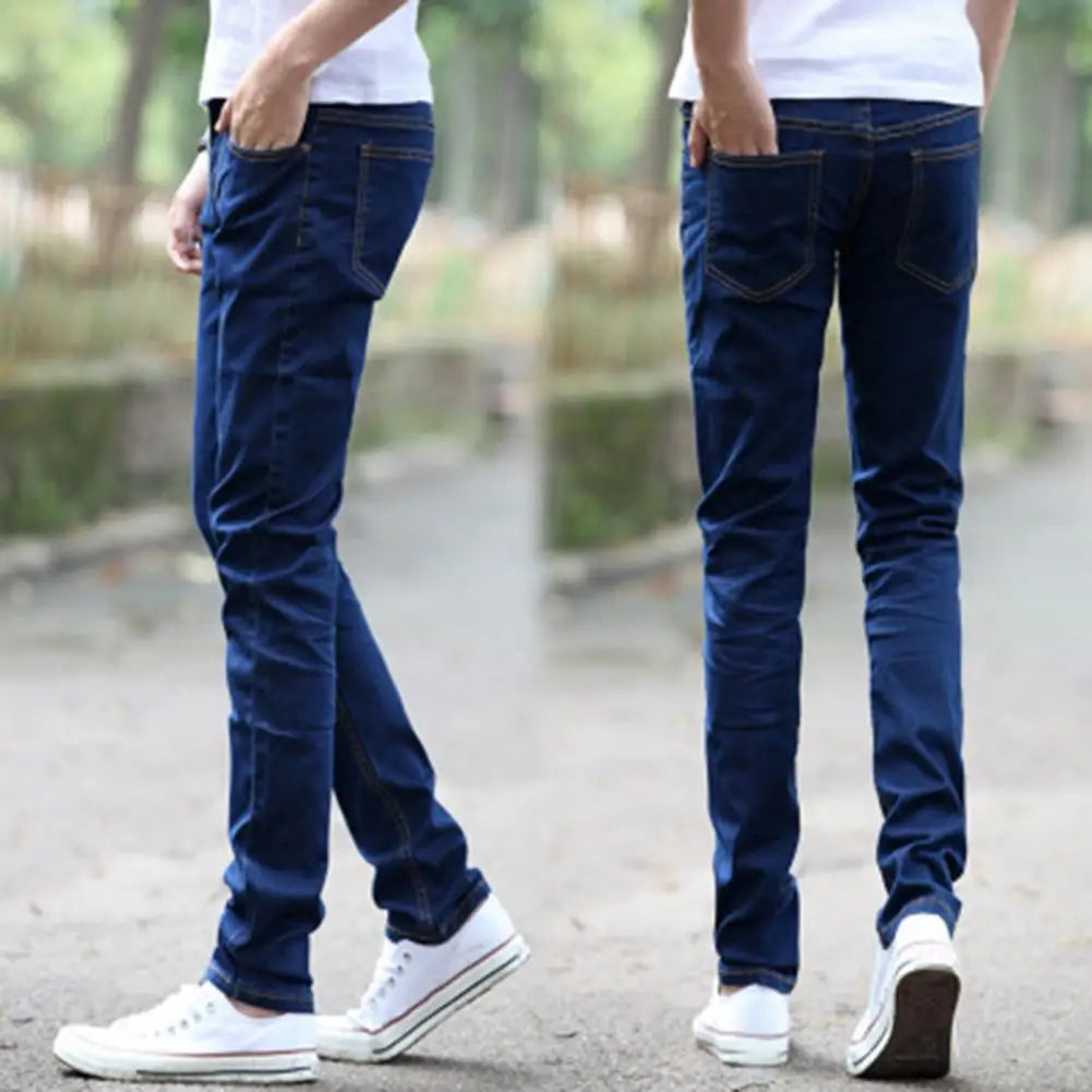 Men Jeans Stretch Skinny Denim Pants Solid Color Black Blue Autumn Summer Luxury Street Harajuku Hip-Hop Style Slim Fit Trousers