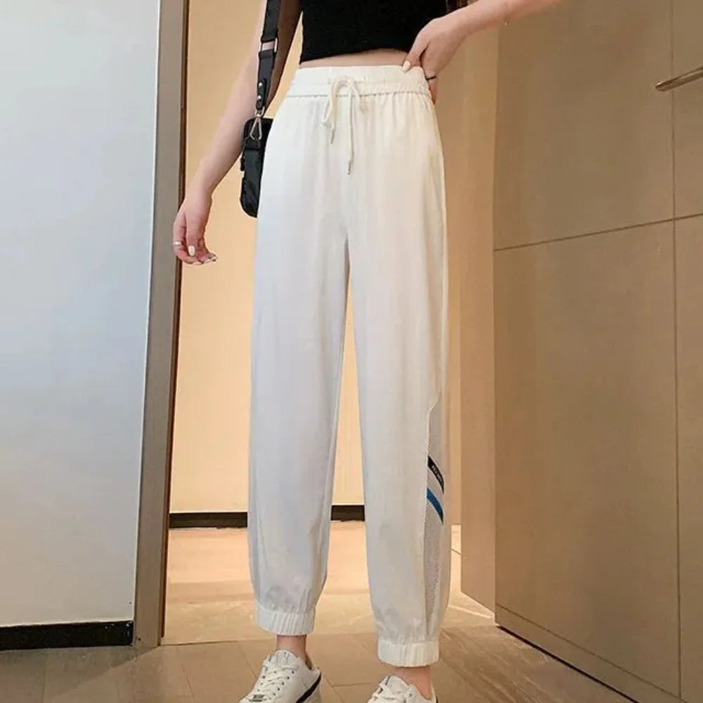 Fashion Straight Casual Drawstring Pants Streetwear Quick Dry Wide Leg Loose Pants Mesh Hollow Mesh Sweat Pants Women Sports