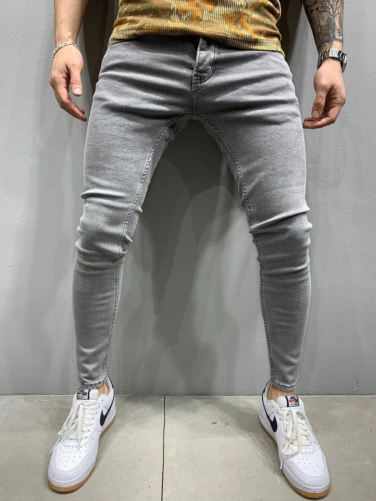 Men Jeans Denim Pencil Pants Sheath Ankle Length Washing Solid Slim Pockets Slight Strech Mid Waist High Street Y2k Streetwear