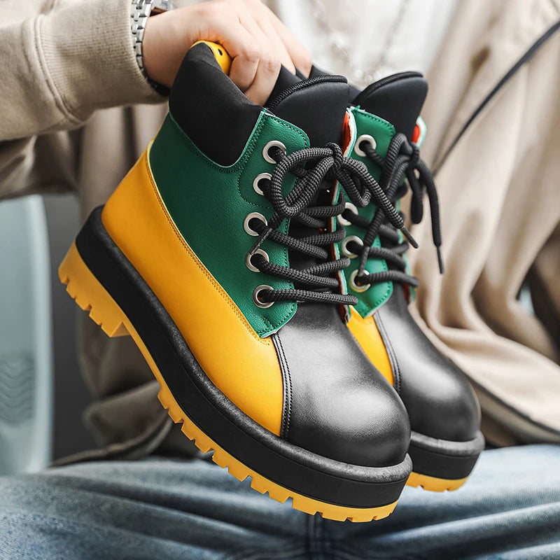 Men's High-Top Outdoor Shoes - High-Top Thick-Soled Design, Suitable for Men, Ideal for Walking/Going to Work/Outdoor Hiking, Durable for All Seasons, Urban Casual Shoes with Cushioned and Wear-Resistant Pvc Soles, Comfortabl