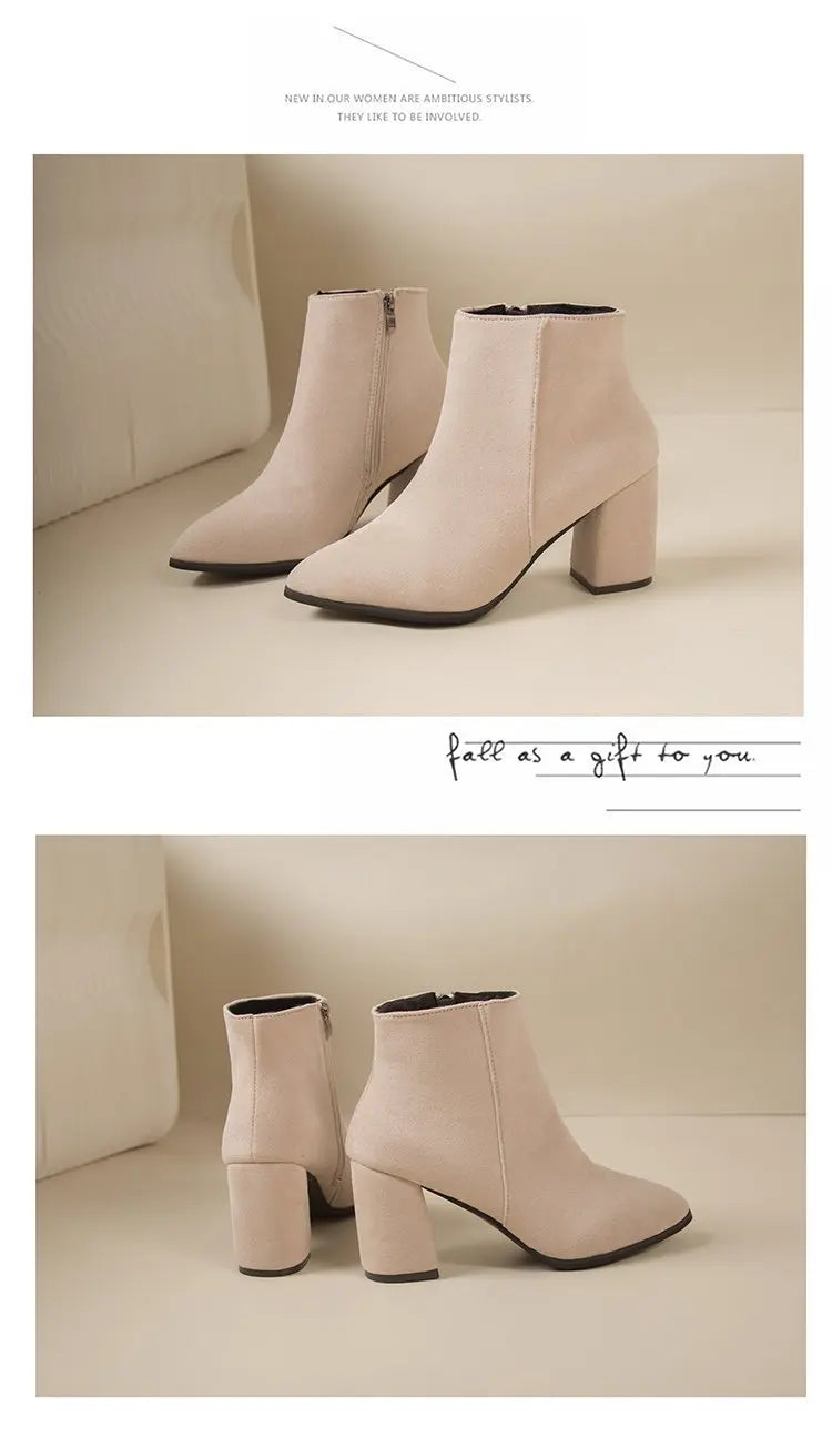 Nuevas botas sencillas de tacón cuadrado con cremallera lateral y tacón alto de ante puntiagudo para mujer.