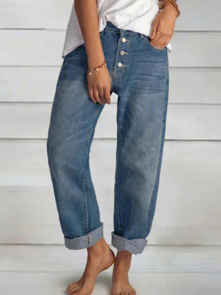 Jeans Straight Pants Women Denim Spliced Button Loose Pockets High Waist Wash Ankle Length 2024 Vintage Distressed Basics