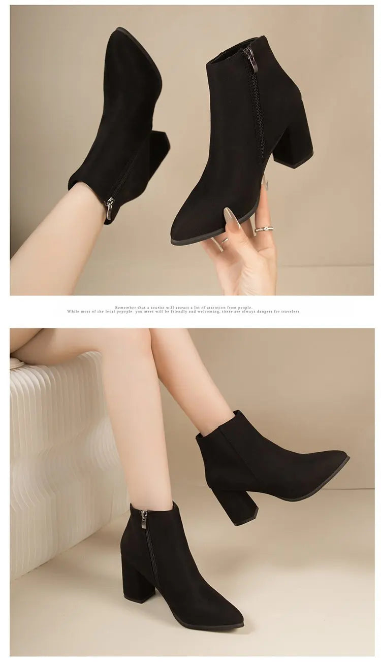 Nuevas botas sencillas de tacón cuadrado con cremallera lateral y tacón alto de ante puntiagudo para mujer.
