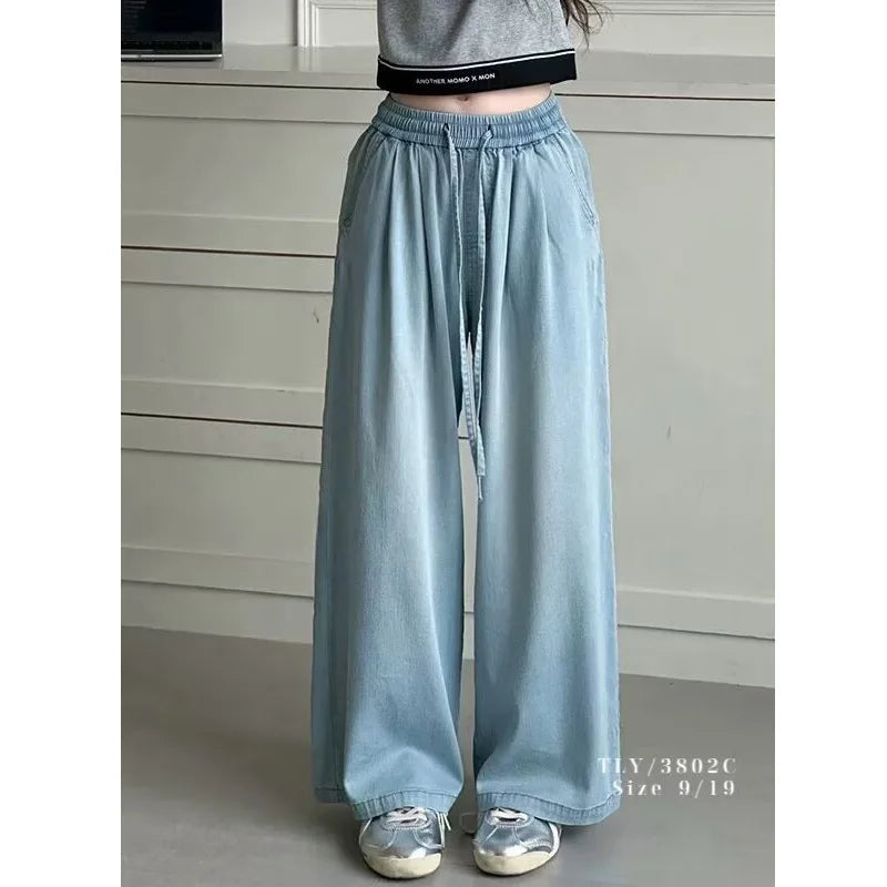 Hot sales Girls Summer Thin Jeans 2025 New Style Lyocell Cotton Straight Leg Jeans Big Kids Wide Leg Long Trousers