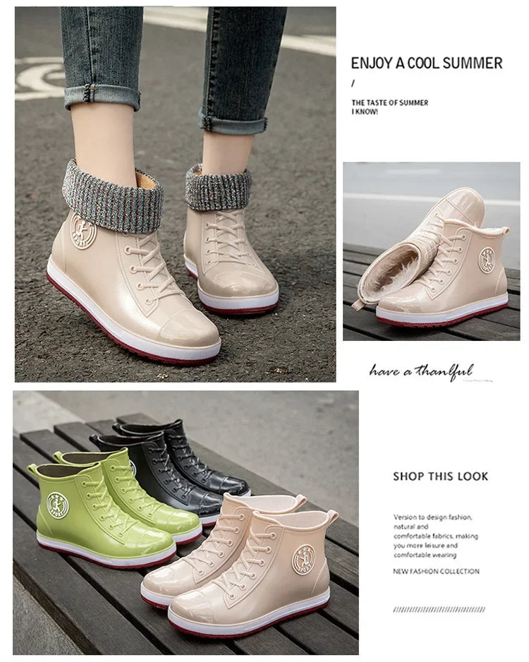Women's Rain Boots Fashion Warm Cotton RubberShoes Ankle Rain Shoes for Women Waterproof Garden Galoshes Botas Lluvia Mujer