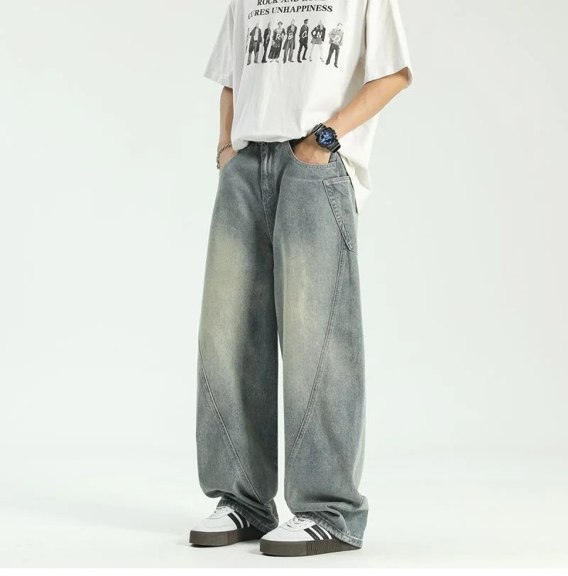 New Vintage Men‘s Patchwork Baggy Jeans Draped Straight-leg Denim Trousers Autumn Korean Fashion High Street Casual Y2K Jean