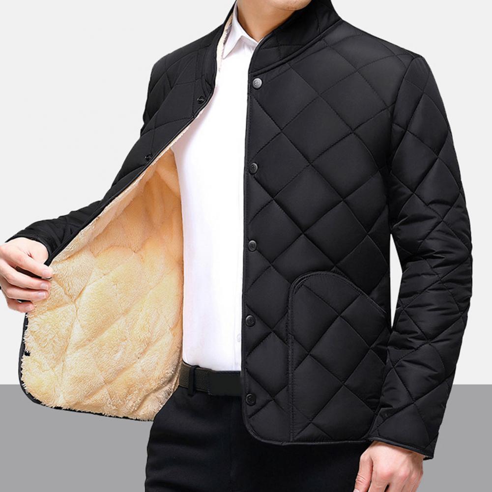 Single-breasted Coat Thickened Cotton Coat Cozy Men's Winter Coat Thick Plush Padding Stand Collar Warm Neck Protection Plus