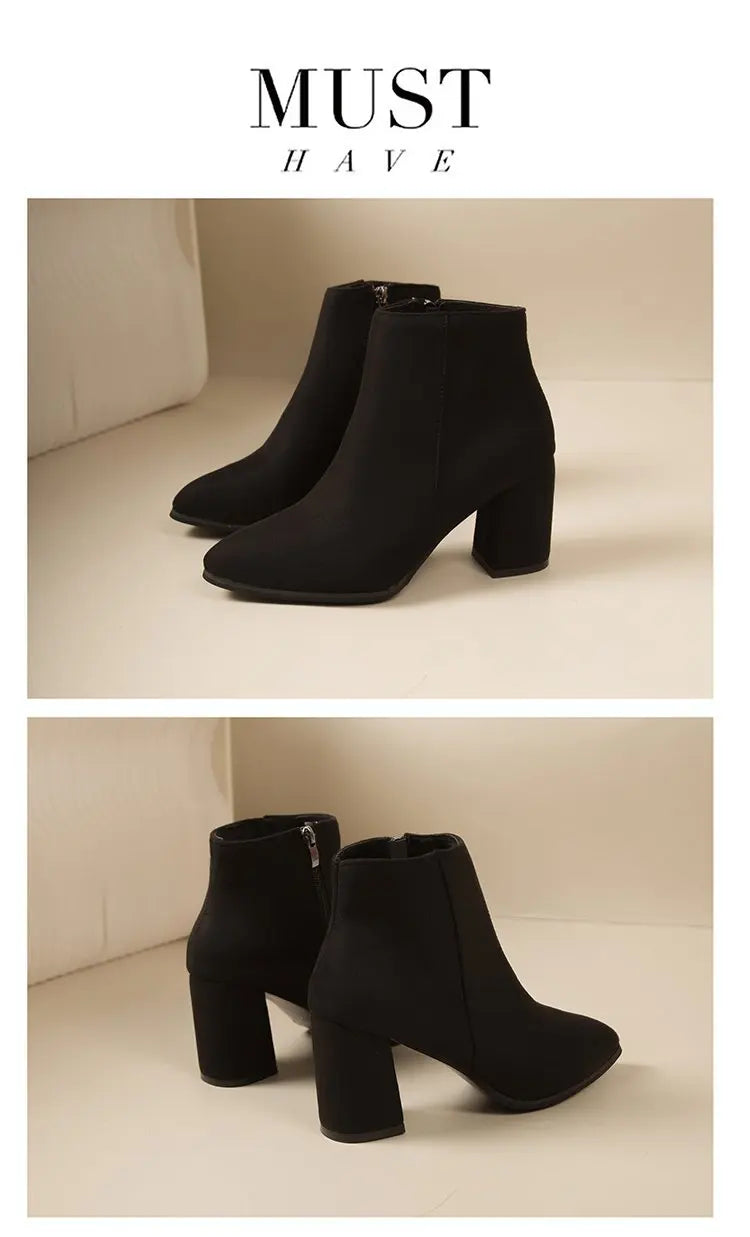 Nuevas botas sencillas de tacón cuadrado con cremallera lateral y tacón alto de ante puntiagudo para mujer.