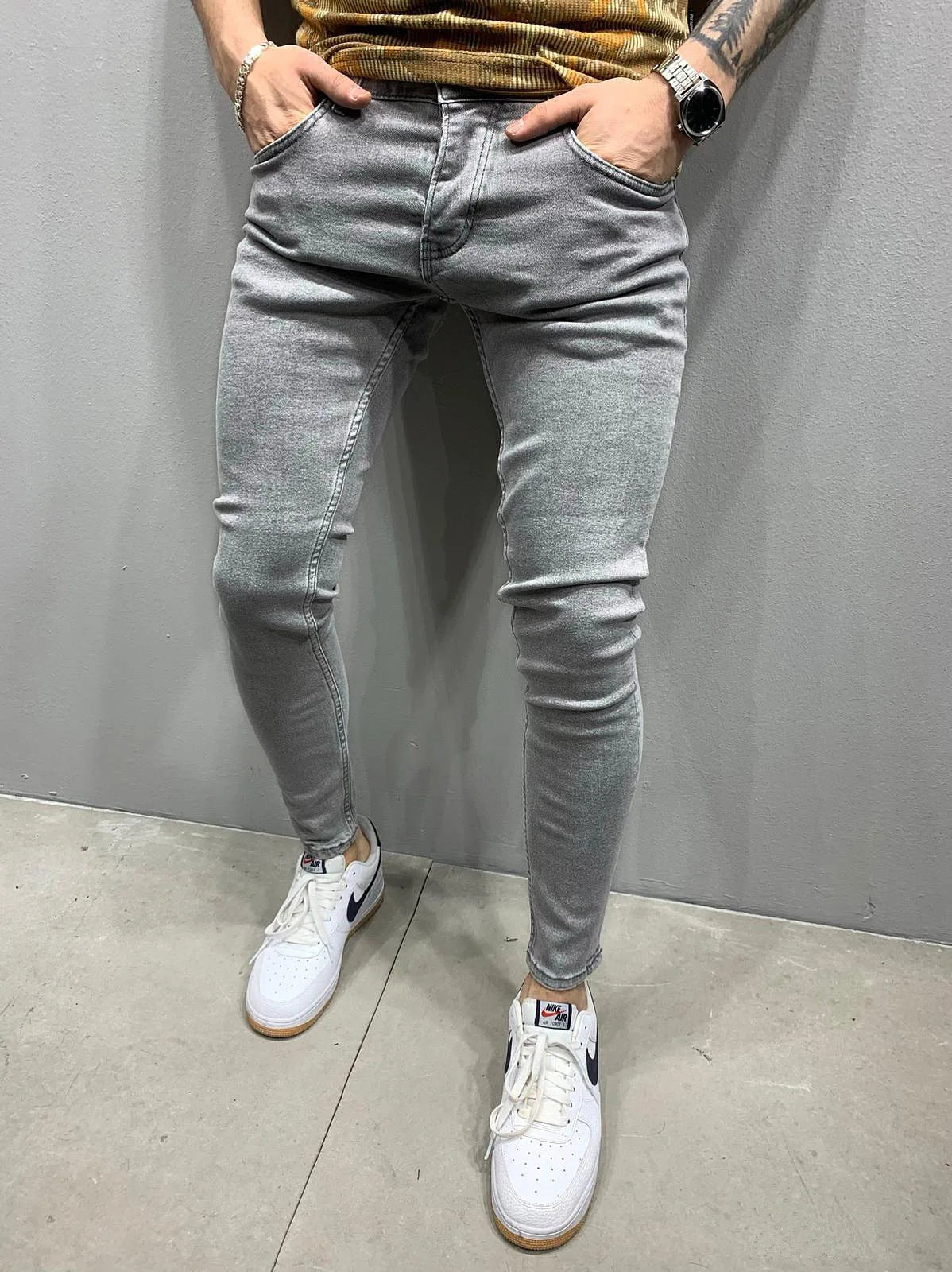 Men Jeans Denim Pencil Pants Sheath Ankle Length Washing Solid Slim Pockets Slight Strech Mid Waist High Street Y2k Streetwear